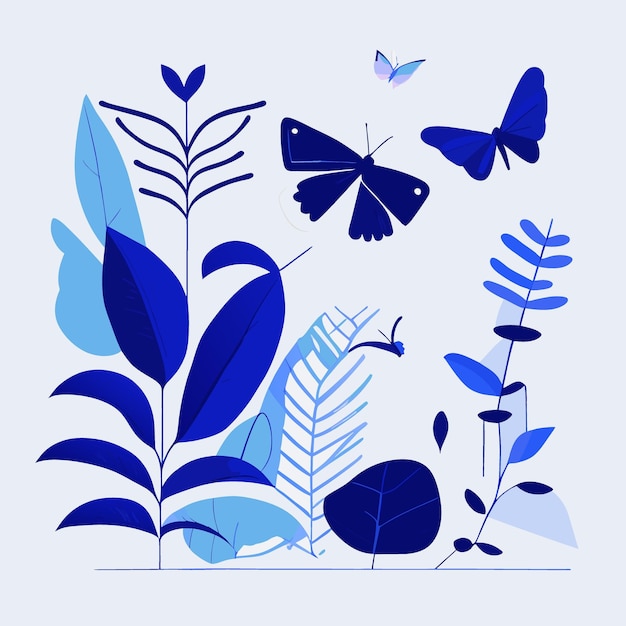 mariposas y plantas fondo blanco minimalista ilustración vectorial plana
