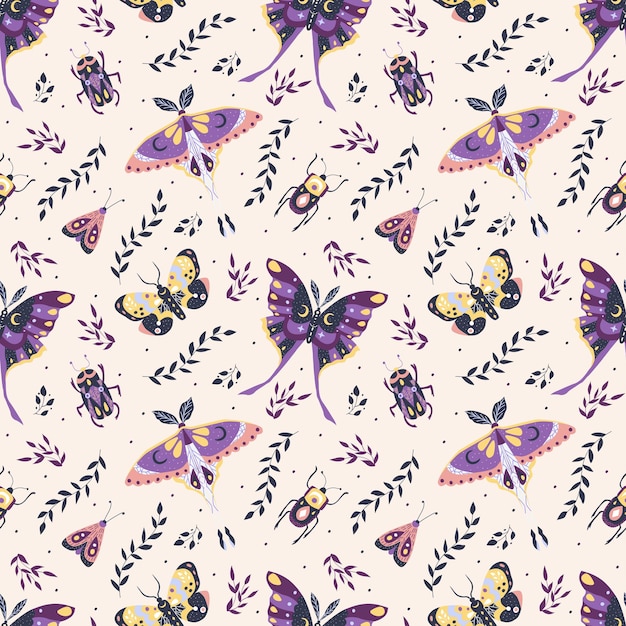 Mariposas polillas escarabajos y hojas Patrón sin costuras Ilustración vectorial
