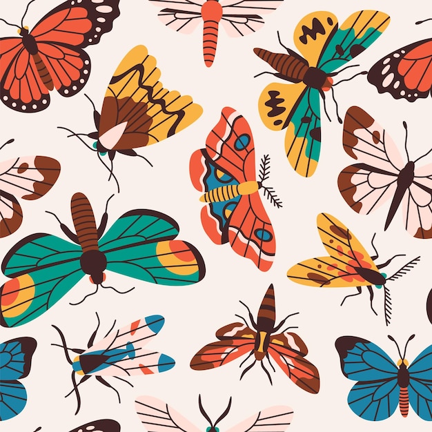 Vector mariposas y polillas de patrones sin fisuras diseño plano colorido de moda ilustración vectorial