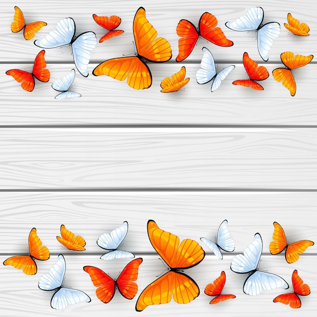 Vector mariposas rojas y blancas en la ilustración de fondo de madera
