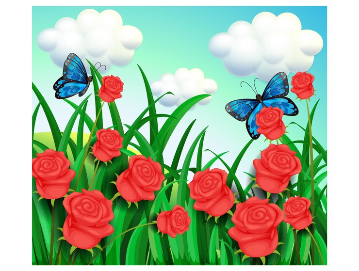 Las mariposas y las rosas rojas en un jardín