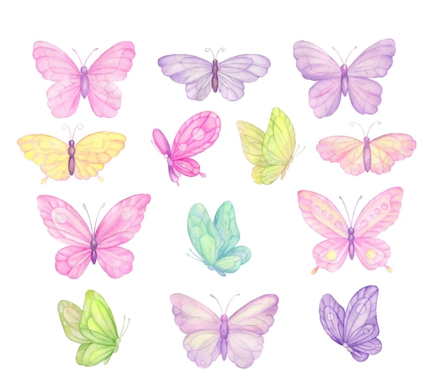 Vector mariposas sobre fondo blanco conjunto acuarela papel digital textil