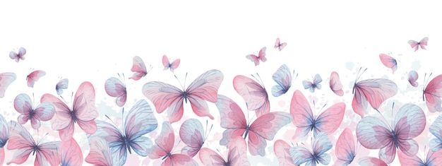 Las mariposas son de color rosa azul lila volando delicadas con alas y salpicaduras de pintura dibujadas a mano