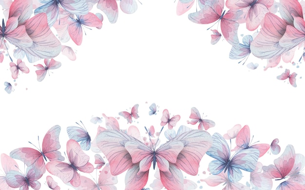 Las mariposas son lila azul rosa volando delicadas con alas y salpicaduras de pintura Ilustración acuarela dibujada a mano Plantilla de banner de marco sobre un fondo blanco para el diseño