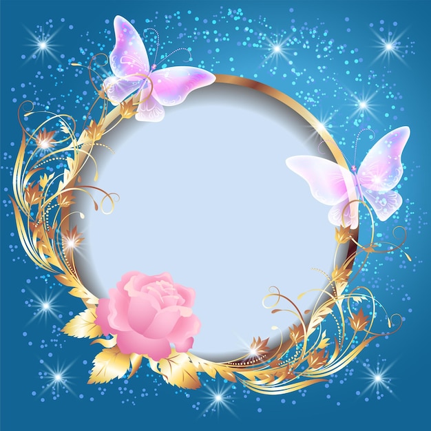 Mariposas transparentes y rosa rosada con marco redondo dorado decorativo