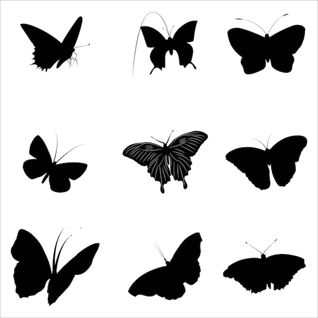 Mariposas voladoras silueta negra vector aislado