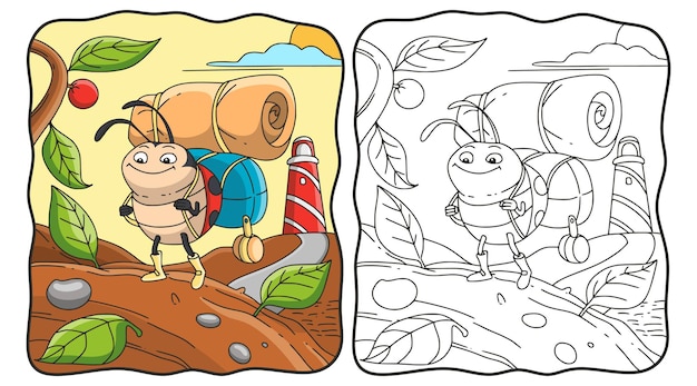 Mariquita de ilustración de dibujos animados sosteniendo una bolsa con una estera en él libro para colorear o página para niños