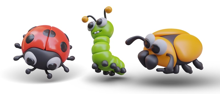 Vector mariquita roja oruga verde escarabajo amarillo vector insectos 3d para niños historias libros aplicaciones