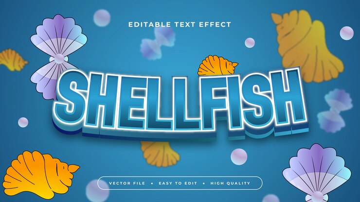 Vector mariscos azul naranja y púrpura violeta estilo de fuente de efecto de texto editable en 3d