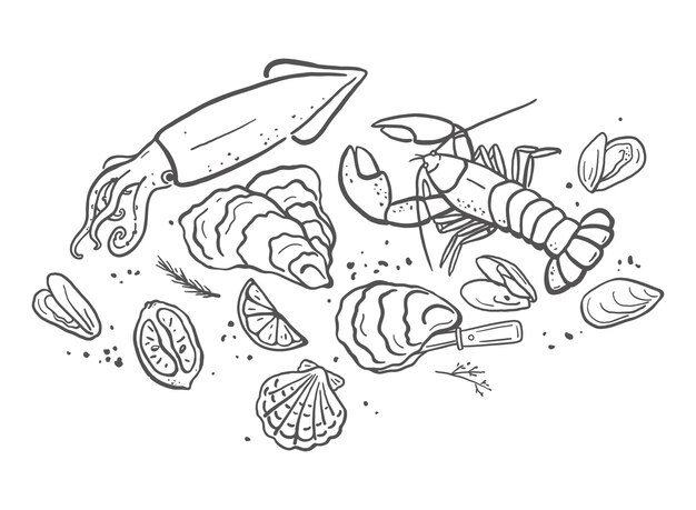 Mariscos dibujados a mano Conjunto de ilustraciones Langosta calamar ostras mejillones vieiras