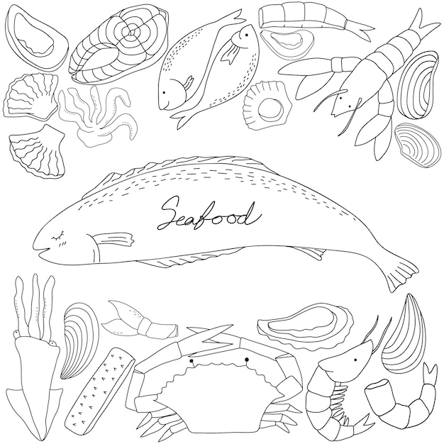 Mariscos dibujados a mano en estilo doodle art sobre fondo blanco.