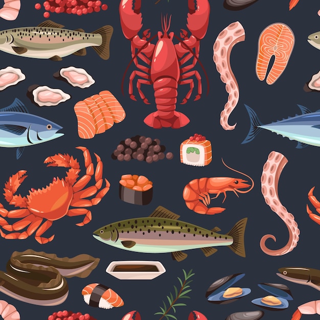 Mariscos de dibujos animados patrón sin costuras delicias frescas de restaurantes producto del menú del restaurante pescado caviar camarón y langosta Decoración papel de envoltura textil diseño de papel tapiz vectorial ordenado