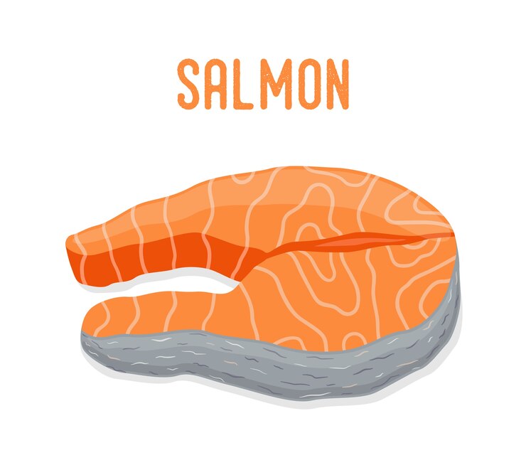 Vector mariscos de salmón pescado fresco, filete de naranja