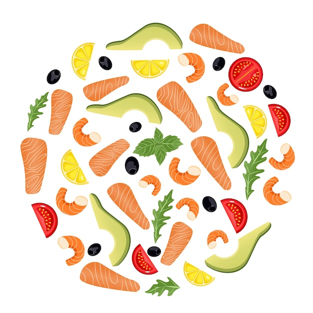 Mariscos y verduras en estilo de dibujos animados