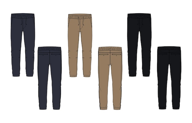 Marítimo negro y color caqui Jogger Sweatpants dibujo técnico moda plantilla de boceto plano