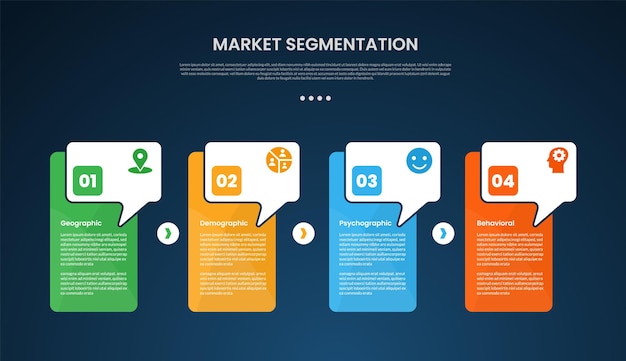 market segmentation infographic template with creative box table with callout dialogue box on header dark background style with 4 point for slide presentation