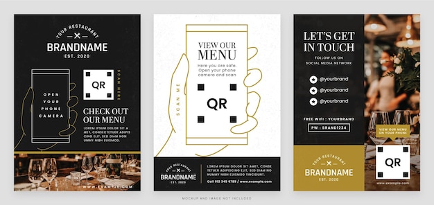 Marketing de código qr de tema amarillo negro para restaurante de hotel y plantilla de volante de bar en vector v1