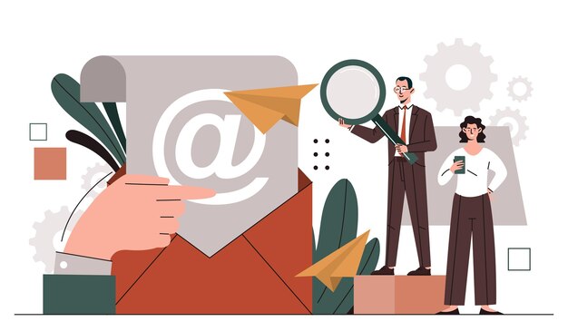Marketing por correo electrónico concepto de Internet hombre y mujer con publicidad por carta en la promoción de Internet y
