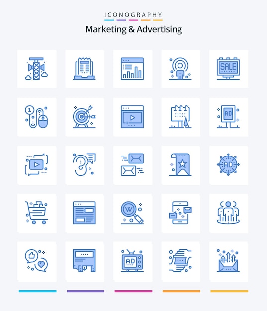 Marketing creativo y publicidad 25 paquete de iconos azules como persona gráfico de cliente de periódico humano