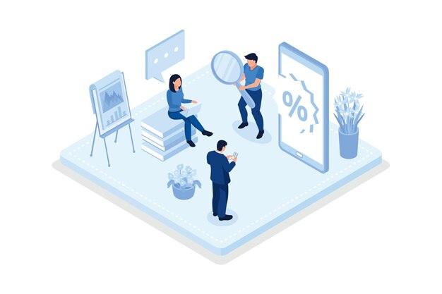 Marketing digital analizando datos de marketing vector isométrico ilustración moderna