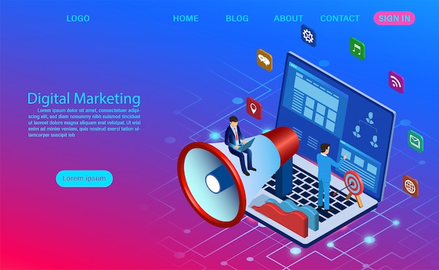 Marketing digital para banner y sitio web. Análisis de negocio, estrategia de contenido y gestión. Ilustración plana de campaña de medios digitales con icono
