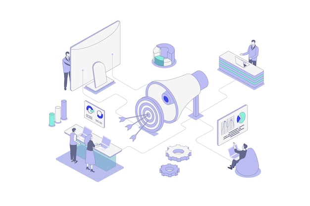 Marketing digital concepto isométrico en esquema isometría diseño para la web Personas que atraen a la audiencia objetivos de orientación hacer promoción en línea y publicidad en redes sociales Ilustración vectorial