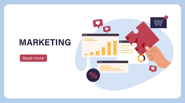 Marketing en Internet cartel de mano con rompecabezas junto a gráficos promoción en Internet y electrónica