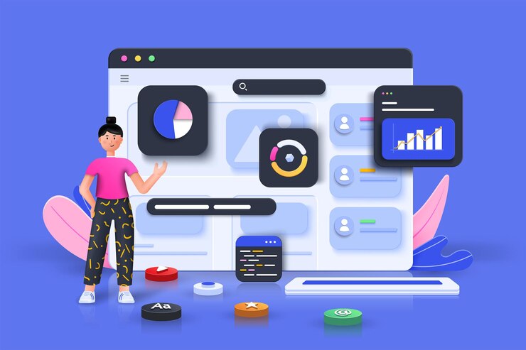 Vector marketing en línea, gráfico de informes financieros, análisis de datos y concepto de desarrollo web. optimización seo, análisis web y concepto de redes sociales de marketing seo. ilustración vectorial 3d