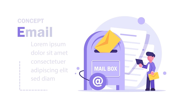 Marketing y promoción por correo electrónico, Concepto de negocio de comercio electrónico, Personajes que envían correos electrónicos publicitarios