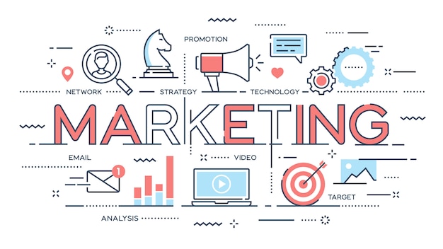 Vector marketing, promoción, publicidad, seo, línea delgada de redes sociales