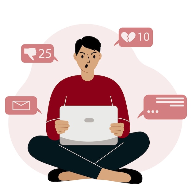 Marketing en redes sociales y crecimiento de audiencia. Ilustración de concepto de vector plano de hombre enojado sentado con laptop y navegar por la red para comunicarse y obtener me gusta y corazones.