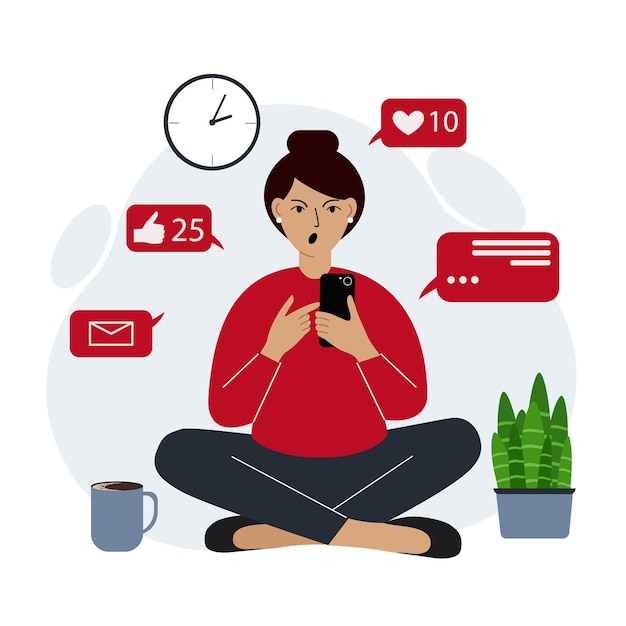 Marketing en redes sociales y crecimiento de audiencia. Mujer enojada sentada con móvil y navegar por la red.