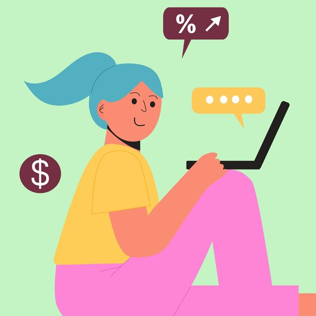 Marketing en redes sociales Mujer niña sentada en el suelo en su computadora portátil en colores rosa amarillo
