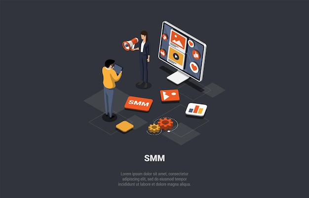 Marketing en redes sociales y promoción en línea Gerente de SMM Agencia SEO Desarrollar una estrategia exitosa para hacer publicidad Comunicación de la empresa con suscriptores Ilustración isométrica de vectores de dibujos animados en 3D