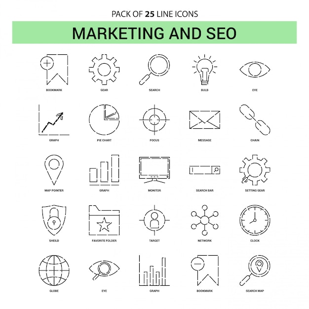 Marketing y SEO Line Icon Set - 25 estilo de contorno discontinuo