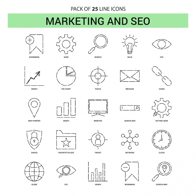 Vector marketing y seo line icon set - 25 estilo de contorno discontinuo