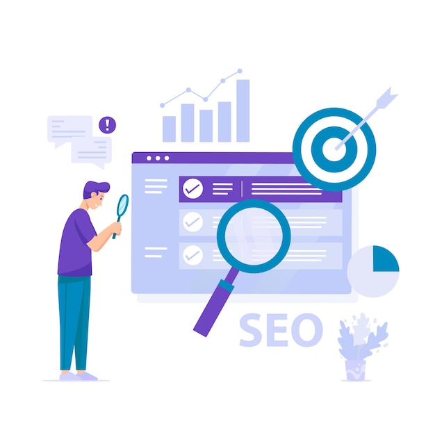 Marketing SEO Man Finding Niche People Ilustración plana