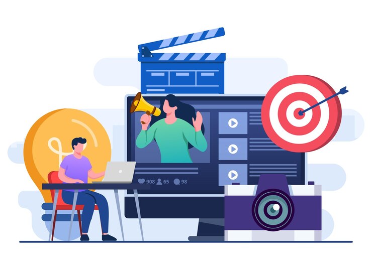 Vector marketing de video ilustración plana campaña en las redes sociales comercio electrónico marketing de influencers