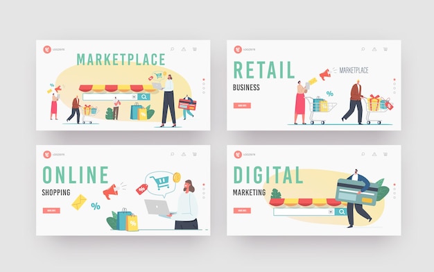 Marketplace Retail Business, conjunto de plantillas de página de inicio de compras en línea. Aplicación de Tienda Digital, Navegador de PC. Los personajes usan ventas consultivas basadas en dispositivos móviles, servicio de nicho. caricatura, gente, vector, ilustración