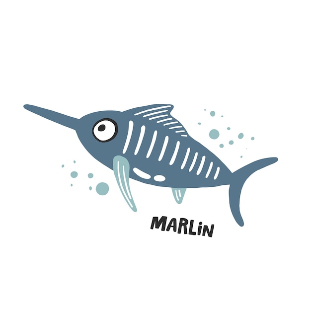 Marlin Ilustración de dibujos animados vectoriales dibujados a mano para niños Animal marino divertido