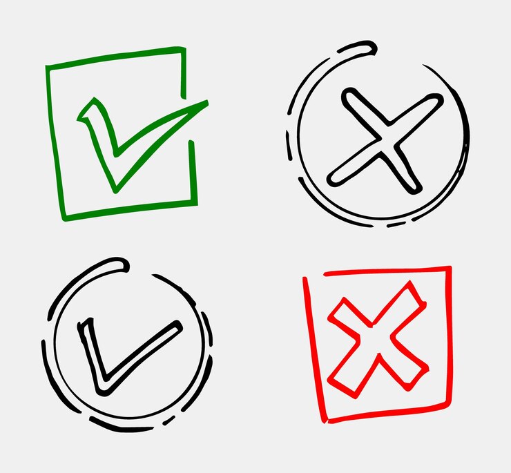 Vector marque y cruce los letreros negros. iconos de marca de verificación gris ok y x, aislados sobre fondo blanco. diseño gráfico de marcas simples. símbolos de círculo botón sí y no para voto, decisión, web. ilustración vectorial.