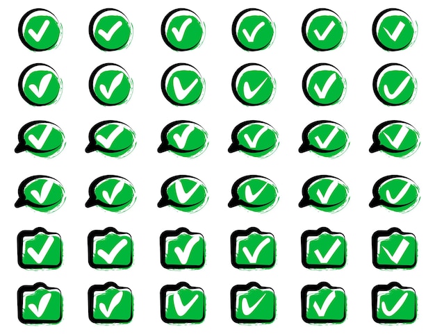 Marque o marque la colección de iconos del paquete en verde Acepte o apruebe el símbolo grunge para la lista de comprobación