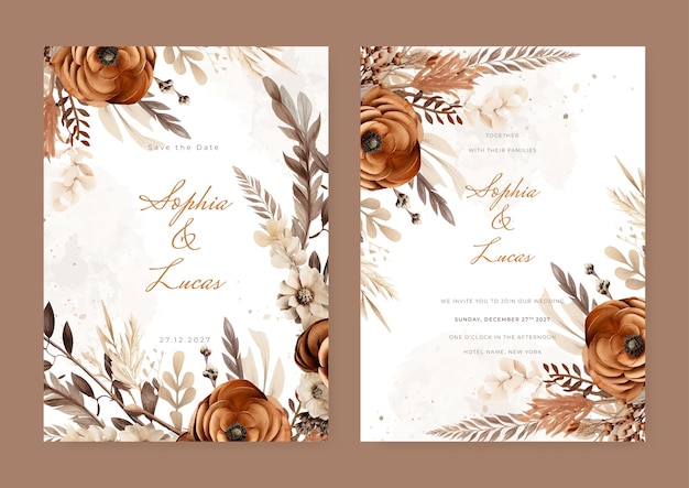 Marrón beige y blanco hermosa plantilla de tarjeta de invitación de boda con flores y floral