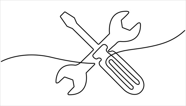 Marrón y llave continua de una línea de dibujo Ajustable llave y martillo de una sola línea de dibujos