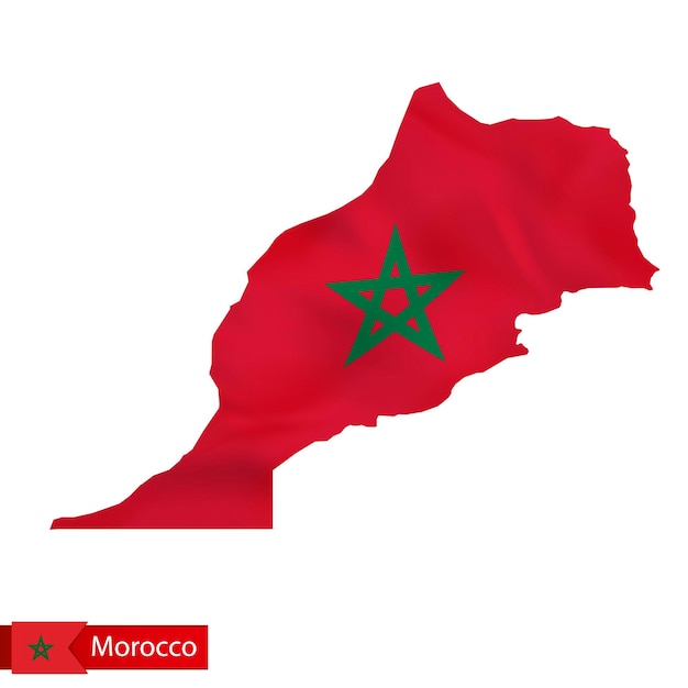 Marruecos mapa con la bandera ondeante de Marruecos