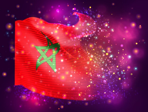 Marruecos vector 3d bandera sobre fondo rosa púrpura con iluminación y bengalas
