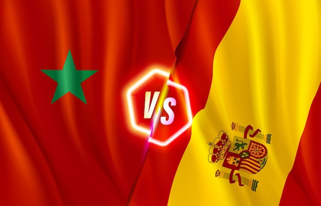 Marruecos versus España plantilla de tabla de puntuación de juego 3d ilustración vectorial con etiqueta de neón