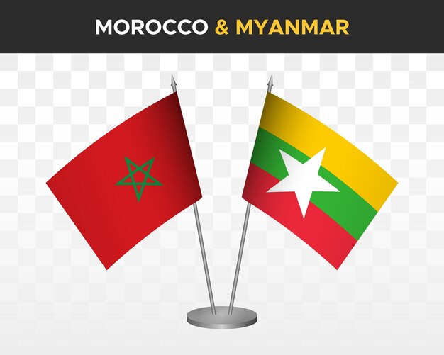 Marruecos vs myanmar burma escritorio banderas maqueta aislado 3d vector ilustración banderas de mesa marroquíes