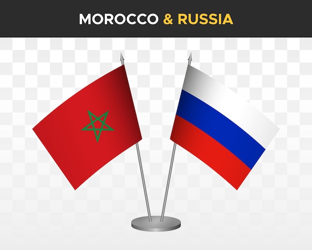 Marruecos vs rusia escritorio banderas maqueta aislado 3d vector ilustración marroquí mesa banderas