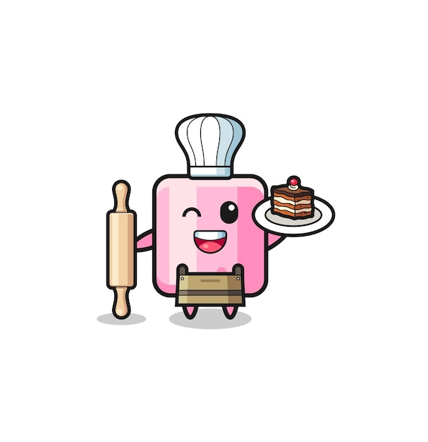 Marshmallow como mascota del chef de repostería sostiene un alfilerxun lindo diseñoxa